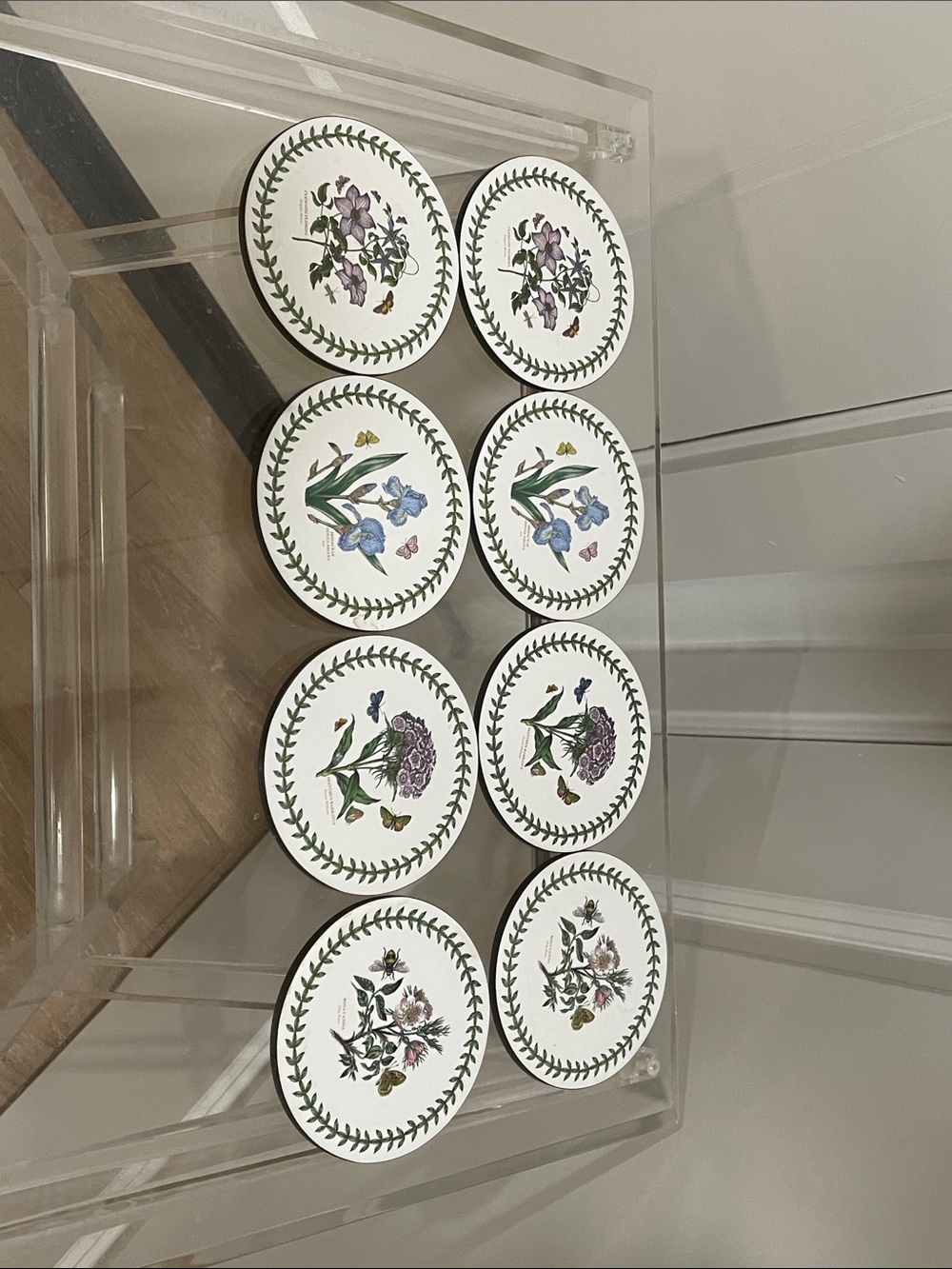 Pimpernel White Floral Wood with Cork Coaster Set with Green Laurel Border
